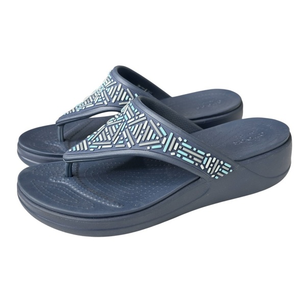 Crocs Monterey Womens Sandals Size 10 Flip Flops Navy Blue Embellished Comfort - Picture 1 of 14